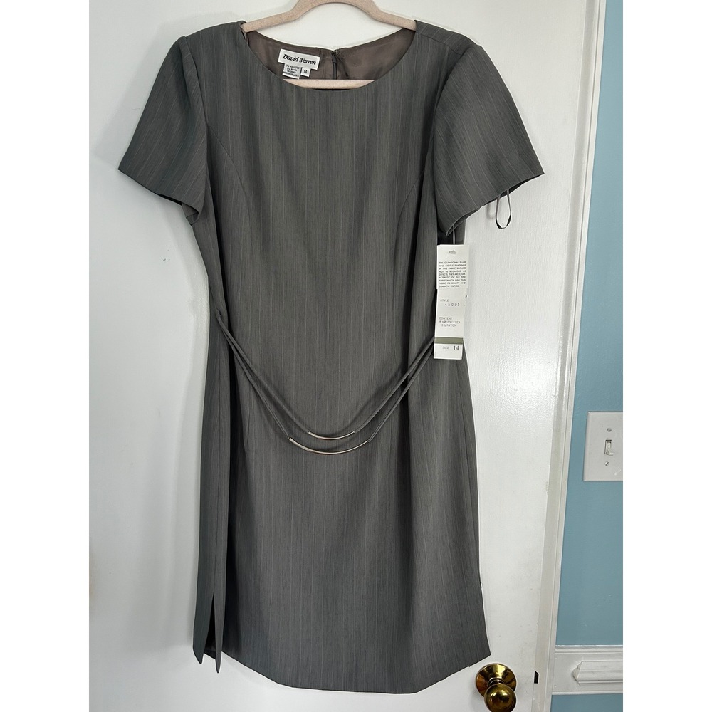 David Warren Grey Pinstripe Sheath Dress Short Sleeve Metallic Waist Detail 14‎